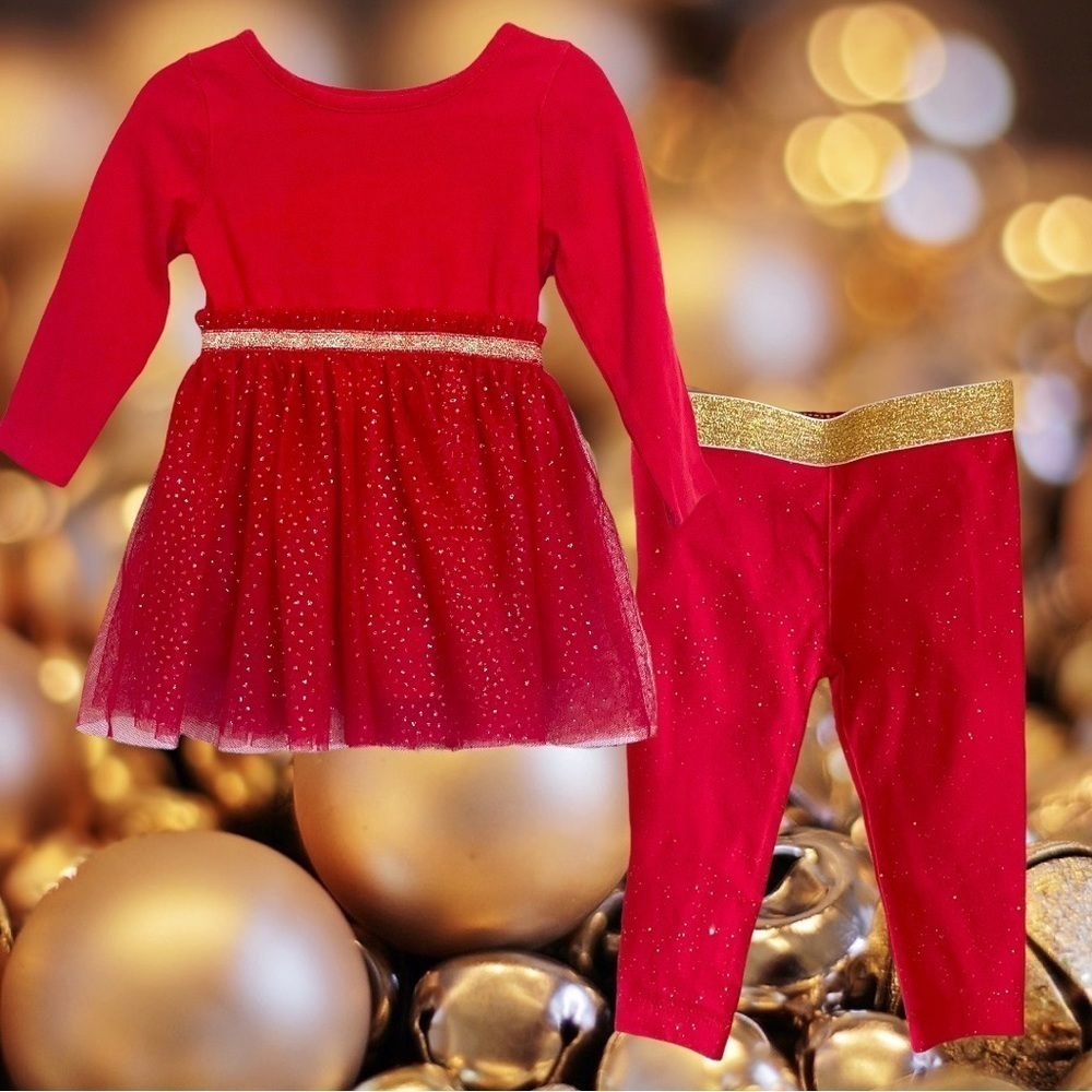 CAT & Jack Infant Size 12M Red & Gold Christmas Dress & Leggings